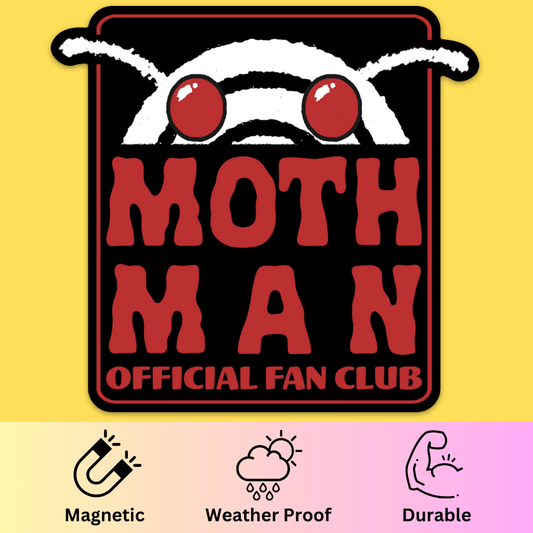 Bumper magnet featuring red-eyed Mothman with white wings and 'Moth Man Official Fan Club' text on black background.