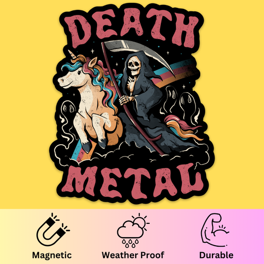 Bumper magnet featuring grim reaper riding colorful unicorn with 'Death Metal' text on yellow background, magnetic and
