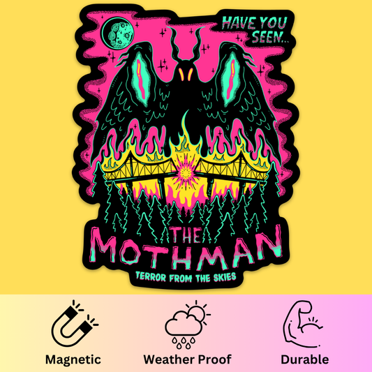 Bumper magnet featuring neon illustration of winged creature with glowing eyes above burning bridge, moon, and forest with
