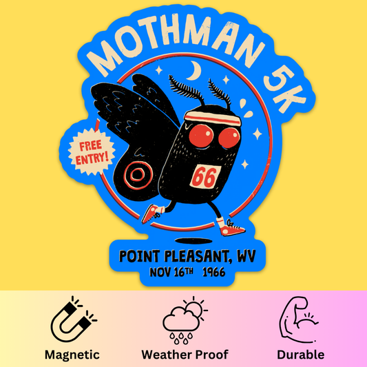 Bumper magnet featuring retro cartoon moth character with 'MOTHMAN 5K' text, Point Pleasant WV Nov 16th 1966, vintage style