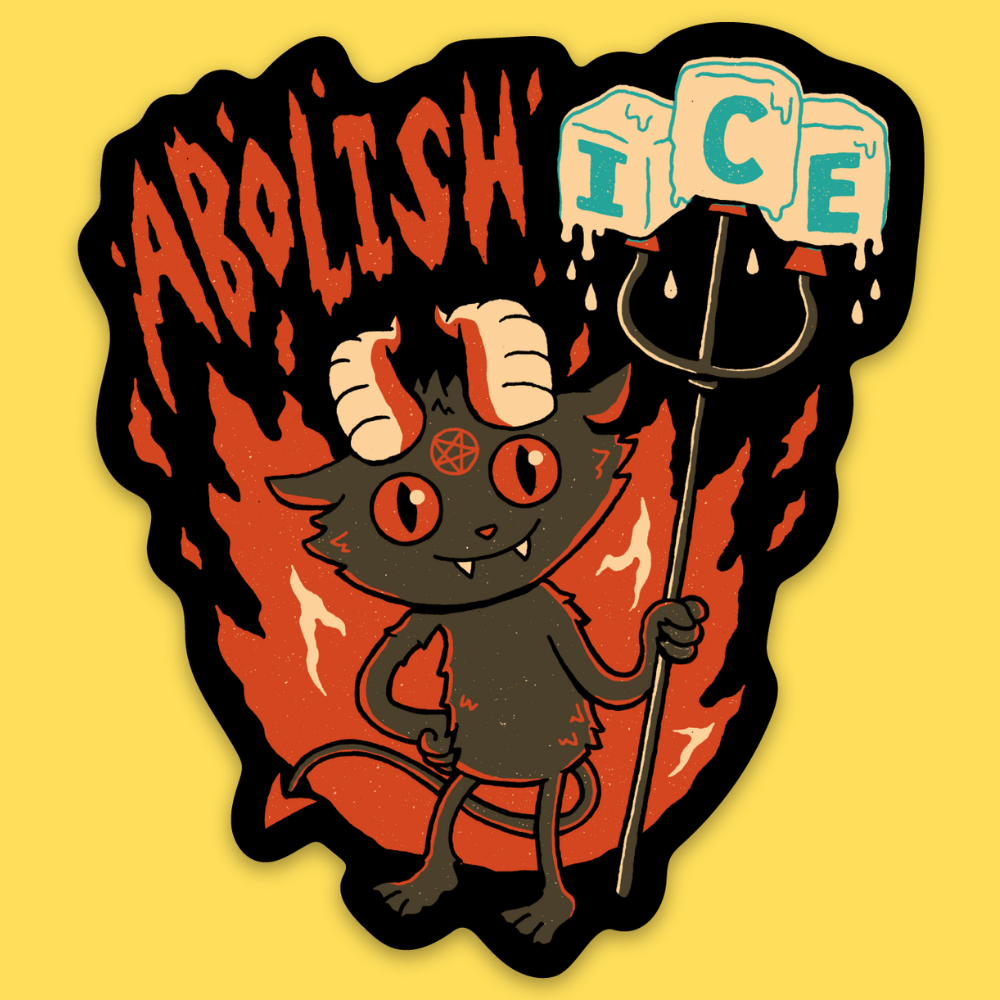 Vinyl sticker featuring a smiling demon character holding an ice bucket with melting ice, surrounded by flames, with