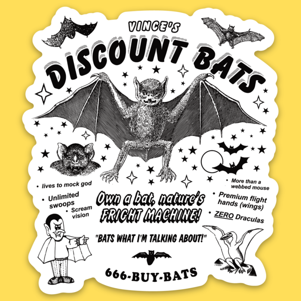 Vinyl sticker featuring vintage-style bat illustrations and humorous text reading 'Discount Bats' with gothic vampire