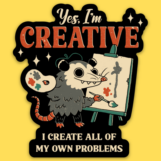 Vinyl sticker featuring a cartoon mouse artist with palette and paintbrush at easel, text 'Yes, I'm Creative I Create All Of