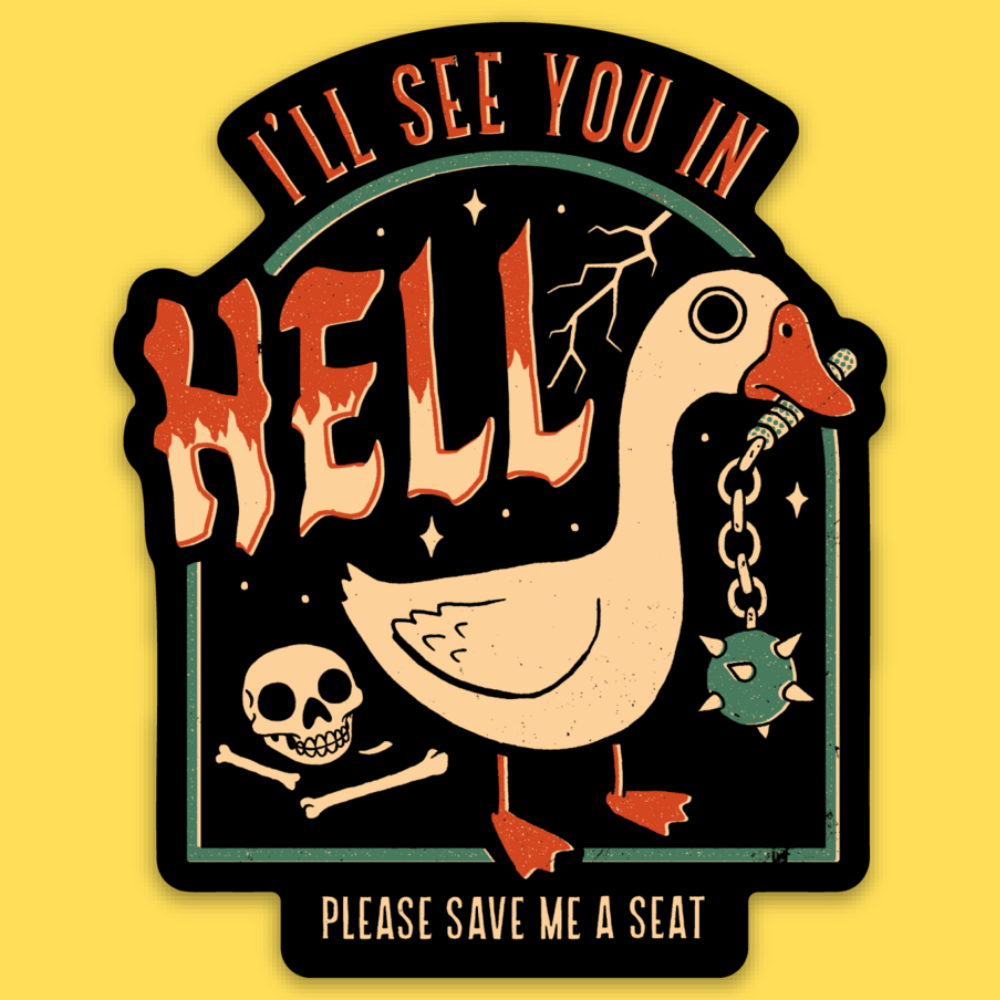 Vinyl sticker featuring a pirate duck with "I'll See You in Hell" text, skull and chain design on yellow background.