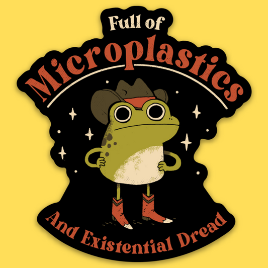 Vinyl sticker featuring a quirky frog wearing goggles and red boots against a starry black background with text 'Full of
