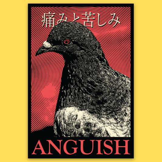 Vinyl sticker featuring a black bird with white chest against red striped background, Japanese text above, 'ANGUISH' text