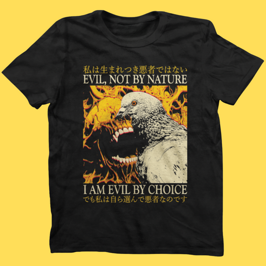 Black graphic tee featuring a bird with bared teeth against flames, text reads 'Evil By Choice' in English and Japanese