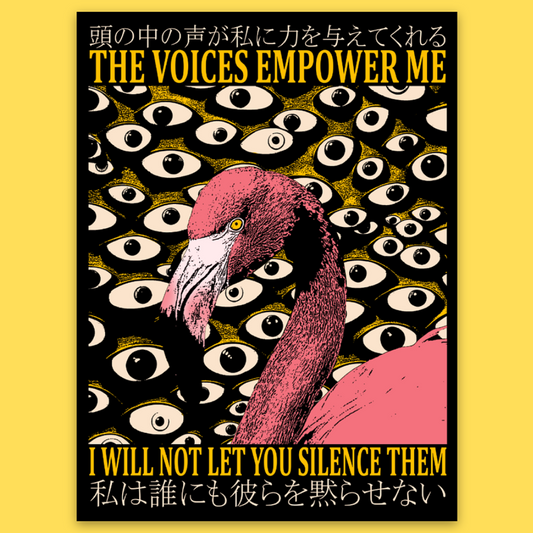 Vinyl sticker featuring a pink bird surrounded by watchful eyes with text 'The Voices Empower Me' and 'I Will Not Let You