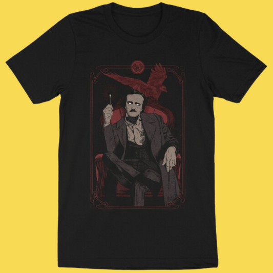 Black graphic tee featuring Edgar Allan Poe seated with a raven overhead, gothic tarot-style design in red and grayscale