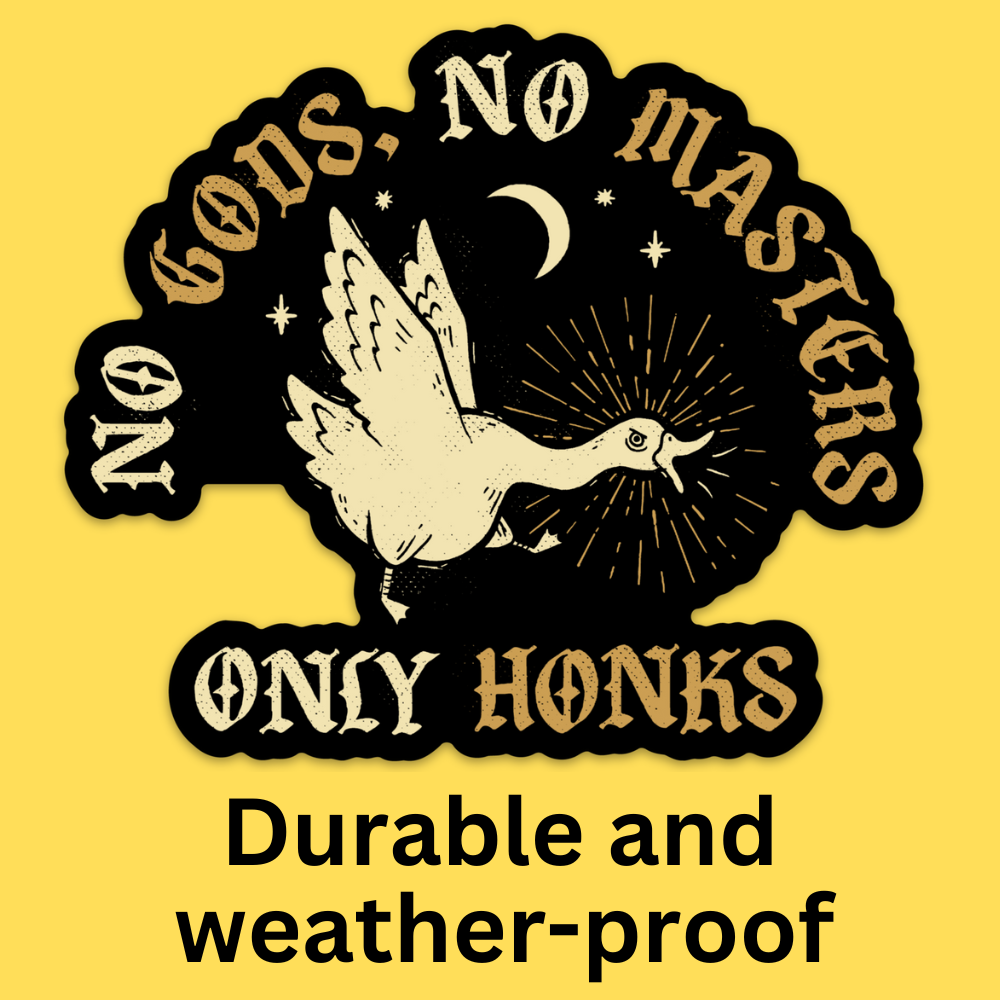 Vinyl sticker featuring a white dove with radiating lines against black background, surrounded by gold text reading 'No