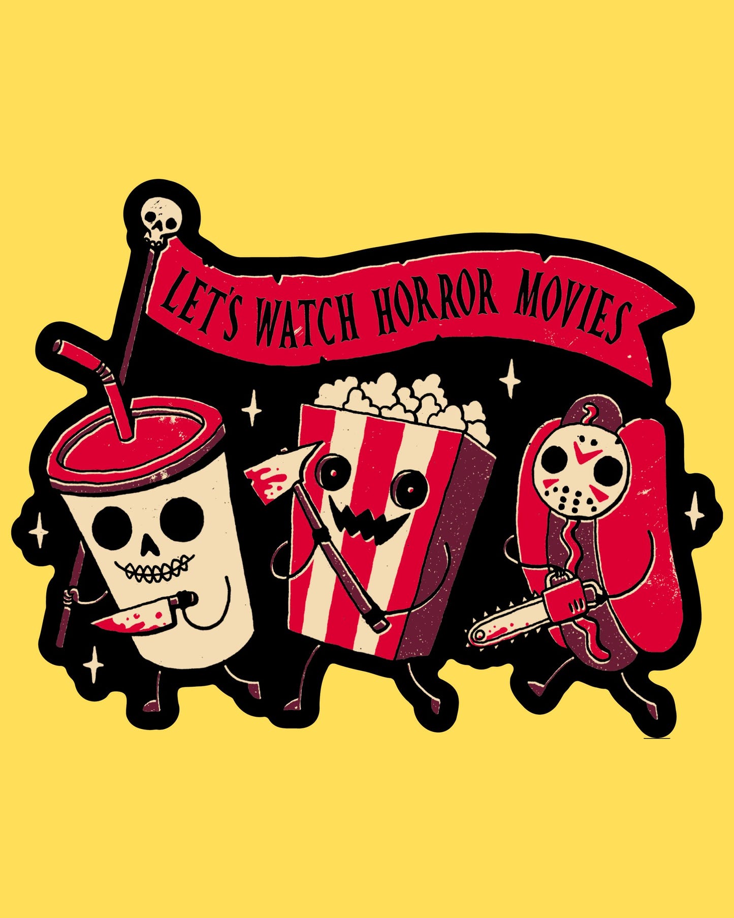 Vinyl sticker featuring slasher soda, popcorn, and hot dog characters with Let's Watch Horror Movies banner, retro style