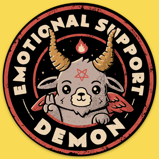 Vinyl sticker featuring cute demon character with horns and wings, red and cream colors, reading 'Emotional Support Demon'