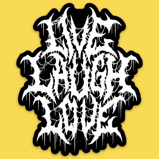 Vinyl sticker featuring black and white skull with intricate bone pattern details and dripping effect on yellow background