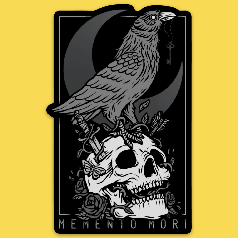 Vinyl sticker featuring a raven perched on a skull with roses and crescent moon, memento mori theme, gothic illustration