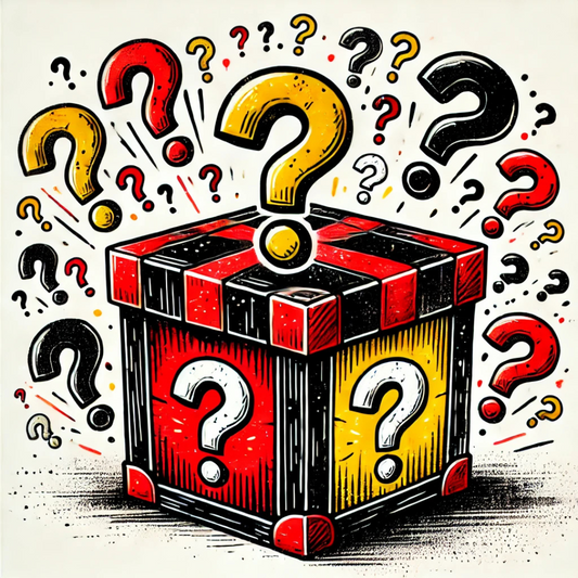 Vinyl sticker pack featuring colorful mystery box illustration with question marks in red, yellow, and black, '?' text