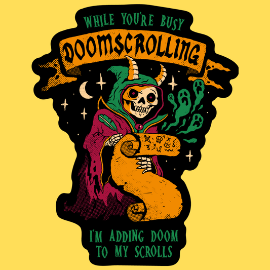 Vinyl sticker featuring a horned skeleton in colorful robes with 'Doomscrolling' text, dark mystical style on yellow