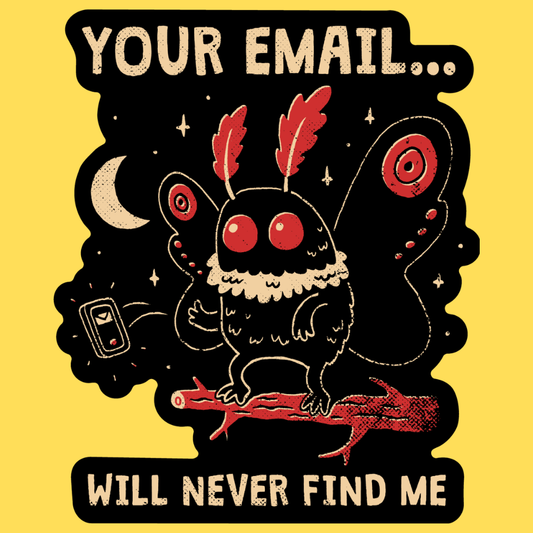 Vinyl sticker featuring a quirky red-eyed creature with feathers on a branch under moonlight, text reads 'Your Email Will