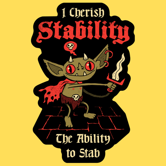 Vinyl sticker featuring a mischievous goblin character with red eyes holding a dagger, styled in dark fantasy art with text