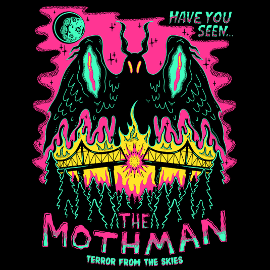 Black graphic tee featuring neon mothman with glowing wings, horns, and 'The Mothman' text against pink and black background.