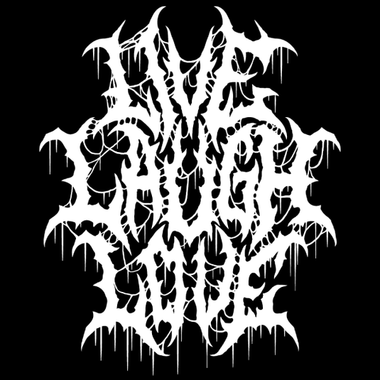 Black graphic tee featuring intricate white skull design with dripping effect and 'Live Laugh Love' text on dark background.