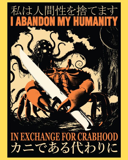 Vinyl sticker featuring a crab warrior wielding a giant knife beneath tentacles, retro Japanese horror poster style