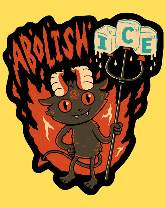 Vinyl sticker featuring a horned devil cat holding a pitchfork of ice cubes with 'Abolish ICE' in flames, retro cartoon style