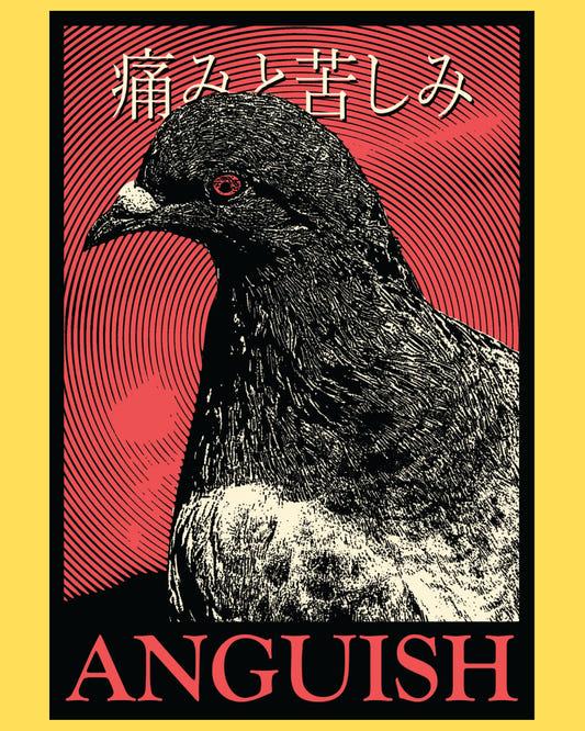 Vinyl sticker featuring a woodcut pigeon over red spiral rays with Japanese text and Anguish title, dark poster style