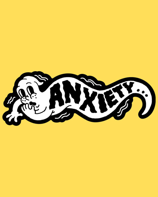 Vinyl sticker featuring a long wiggly ghost biting its nails with Anxiety text on its body, black and white cartoon style