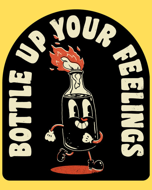 Bumper sticker featuring a retro cartoon Molotov cocktail mascot strutting with a lit rag, text Bottle Up Your Feelings