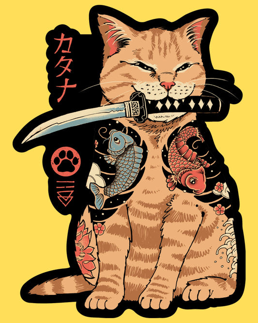 Vinyl sticker featuring a tattooed orange cat holding a katana in its mouth, Japanese irezumi tattoo style