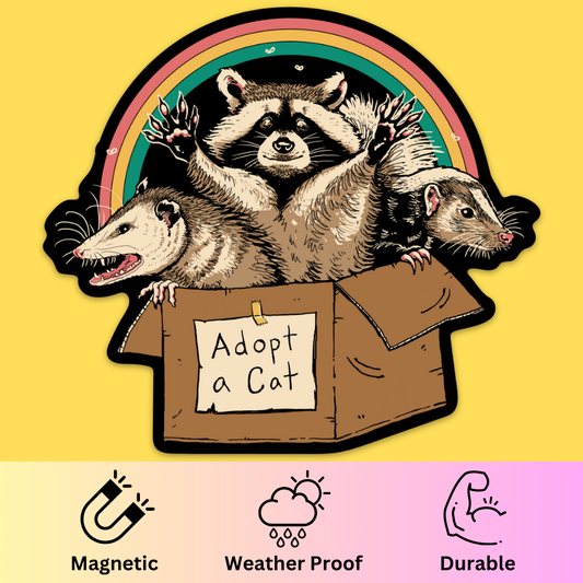 Bumper magnet featuring illustrated raccoons, opossum, and rainbow with 'Adopt a Cat' text on yellow background.