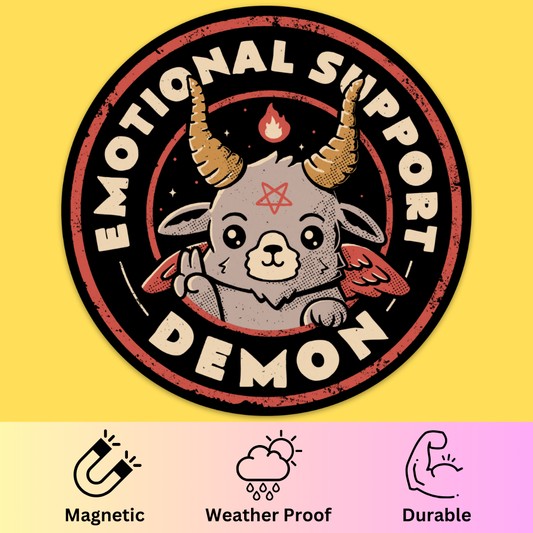 Bumper magnet featuring cute demon character with horns and wings, text 'Emotional Support Demon' in retro style on yellow