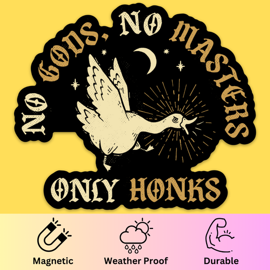 Bumper magnet with cream dove and crescent moon on black circle, gold text 'No Gods, No Masters' against yellow background.