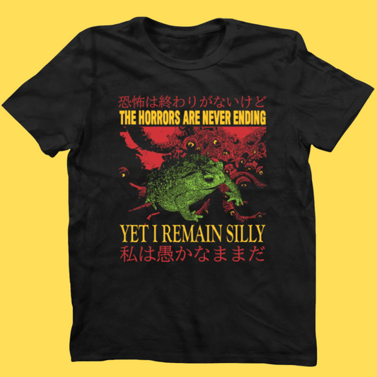 Black graphic tee featuring a green frog surrounded by red horror imagery and text 'The Horrors Are Never Ending' with