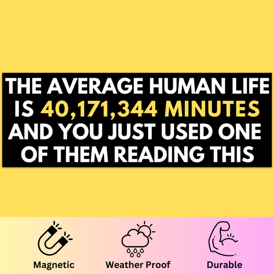 Bumper magnet with yellow background featuring black box with white text reading 'The Average Human Life is 40,171,344