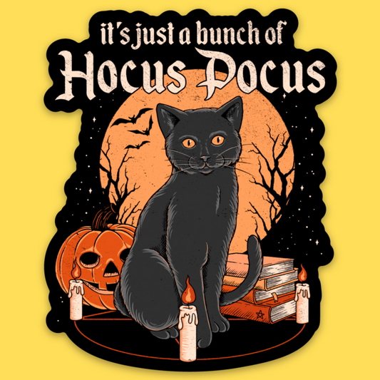 Vinyl sticker featuring a black cat with glowing eyes sitting before a full moon, jack-o'-lantern, spell books, and candles