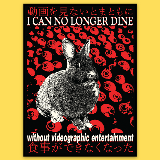 Black vinyl sticker featuring a white rabbit surrounded by red eyes on black background with text 'I Can No Longer Dine'