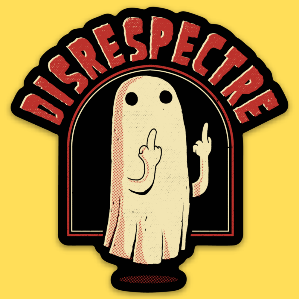 Vinyl sticker featuring a ghost figure with middle fingers raised and 'Disrespectful' text in red on yellow background.