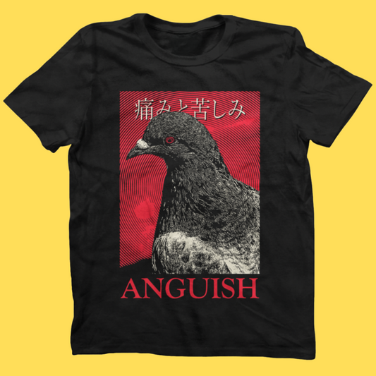 Black graphic tee featuring a pigeon against a red striped background with Japanese text and 'ANGUISH' in red.