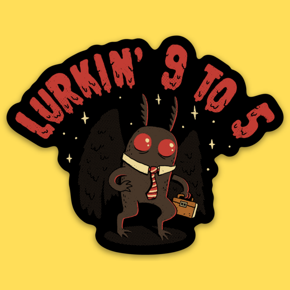 Vinyl sticker featuring a brown creature with red eyes and antlers wearing a tie, holding a briefcase, with 'Mothman's Day