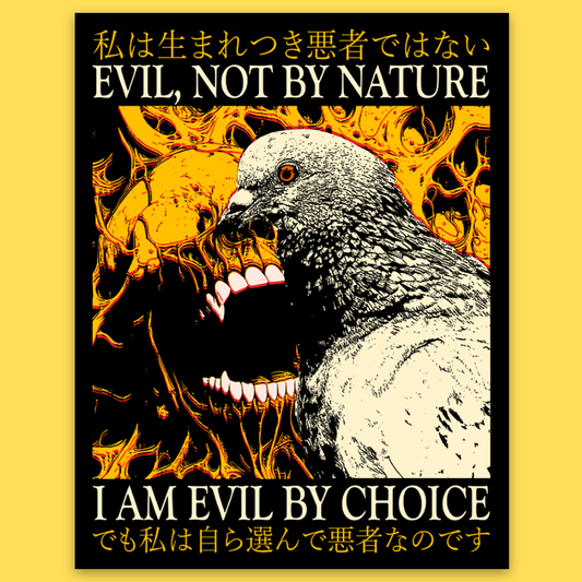 Vinyl sticker featuring a pigeon skull with 'Evil By Choice' text, yellow flames, Japanese characters, dark anime aesthetic