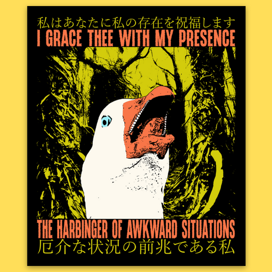 Vinyl sticker featuring a surreal creature with white and red coloring against yellow textured background, text reads 'I