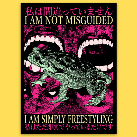 Vinyl sticker featuring a green toad with bared teeth surrounded by pink textures and text 'I AM NOT MISGUIDED' and 'I AM