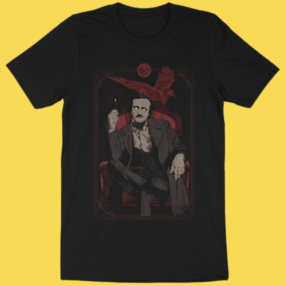 Black graphic tee featuring Edgar Allan Poe seated with a raven overhead, gothic tarot-style design in red and grayscale
