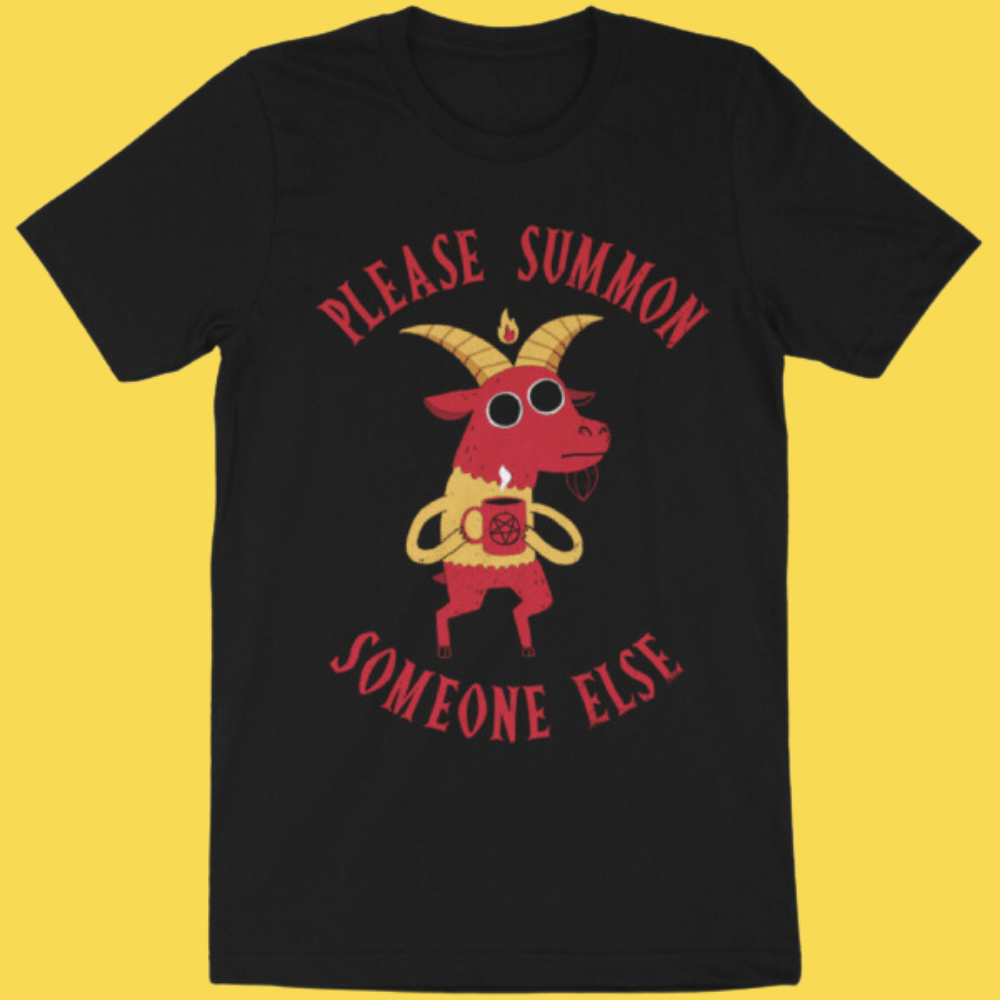Black graphic tee featuring a red demon character with horns and gold accents, text reads 'Please Summon Someone Else'