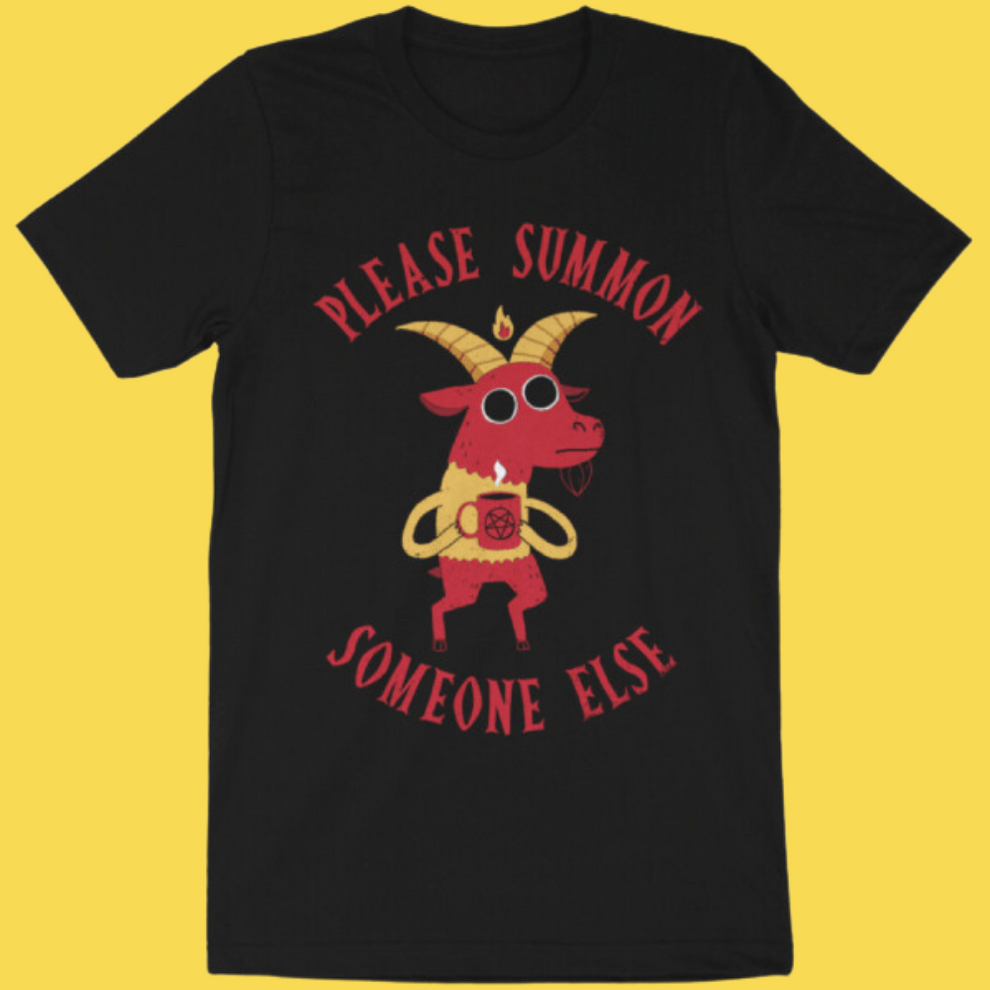 Black graphic tee featuring a red demon character with horns and gold accents, text reads 'Please Summon Someone Else'