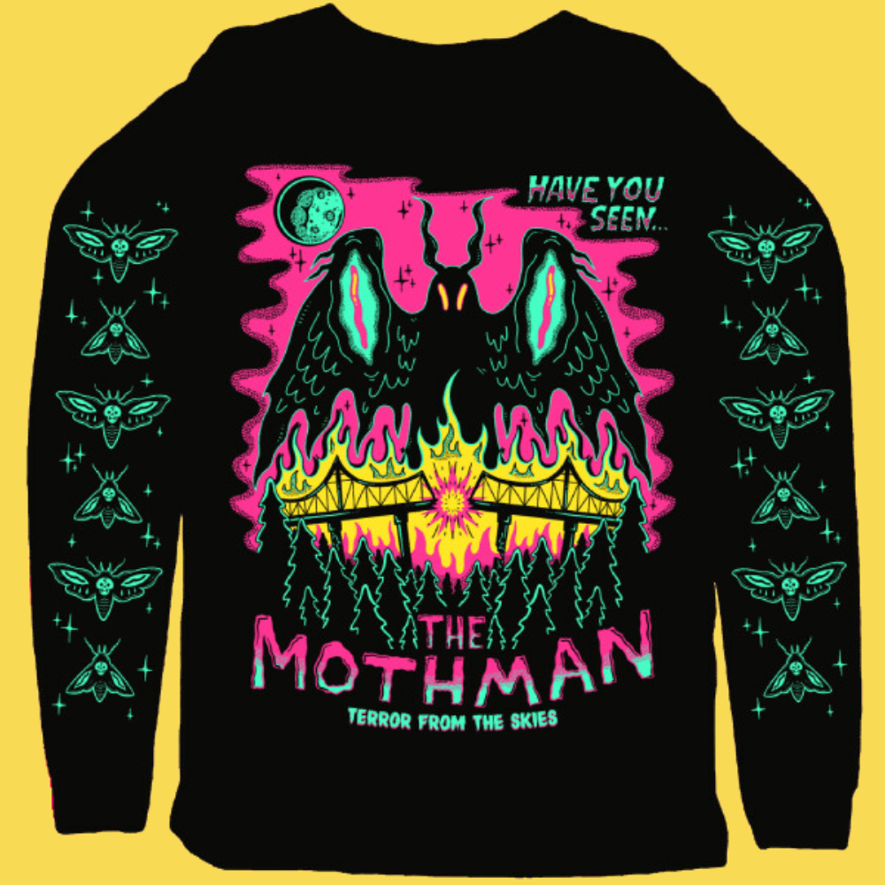 Black graphic sweatshirt featuring neon Mothman with glowing eyes, wings, and bridge imagery. Text reads 'Have You Seen The