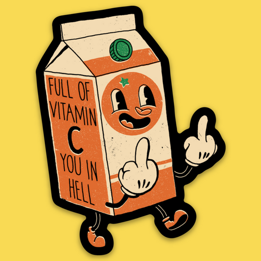 Vinyl sticker of anthropomorphic orange juice carton with smiling face, waving hands, text reads 'Full of Vitamin C You in