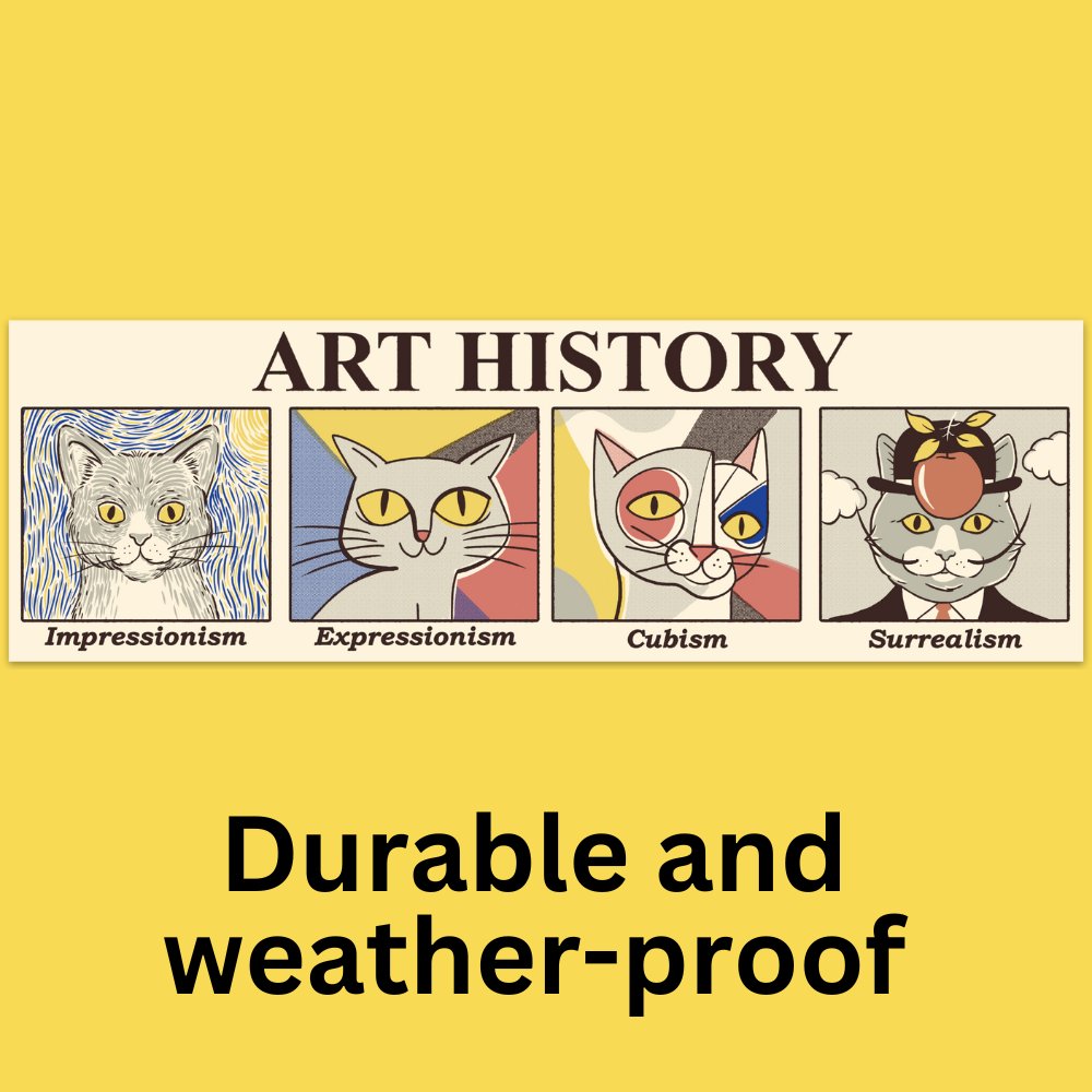 Vinyl sticker featuring four cats illustrated in art history styles labeled 'Impressionism', 'Expressionism', 'Cubism'