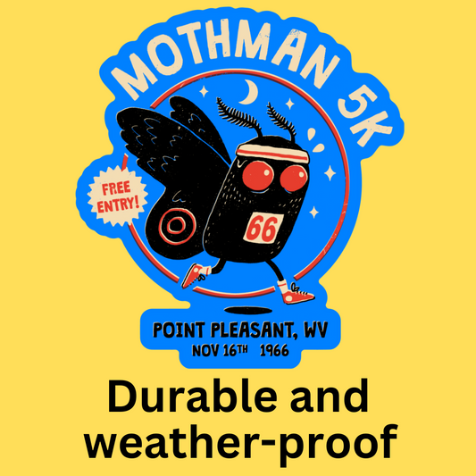 Vinyl sticker featuring retro-style black Mothman character with red eyes and number 66, text 'MOTHMAN 5K' on yellow